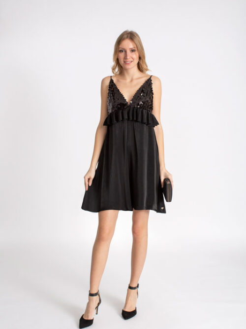 Krátke šaty s flitrami PLEASE - farba čierna