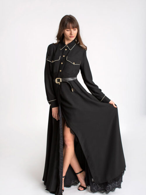 Luxusné dlhé košeľové šaty s čipkou BABYLON - farba čierna