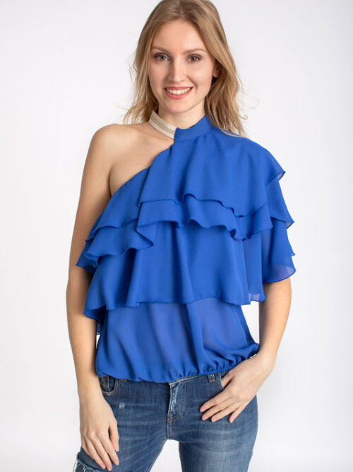 Luxusná dámska blúzka na jedno rameno s volánmi BABYLON - farba modrá