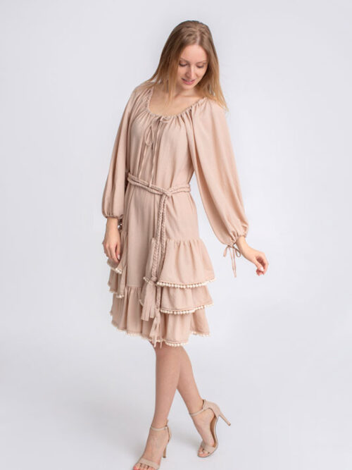 Šaty boho krátke s volánmi BY O LA LA - farba béžová