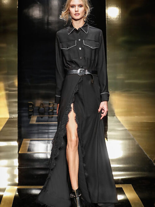 Luxusné dlhé košeľové šaty s čipkou BABYLON – farba čierna